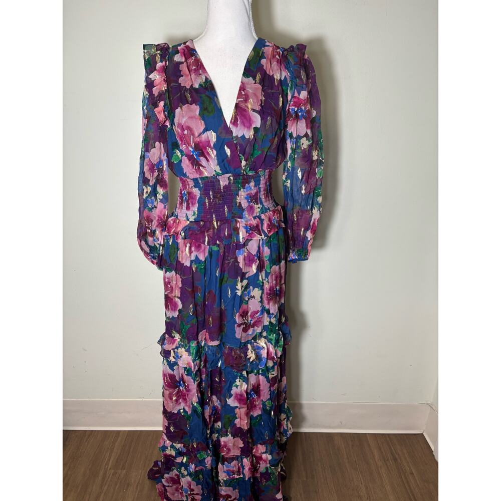 Shoshanna Purple Floral Maxi Dress with Pink & Green Accents